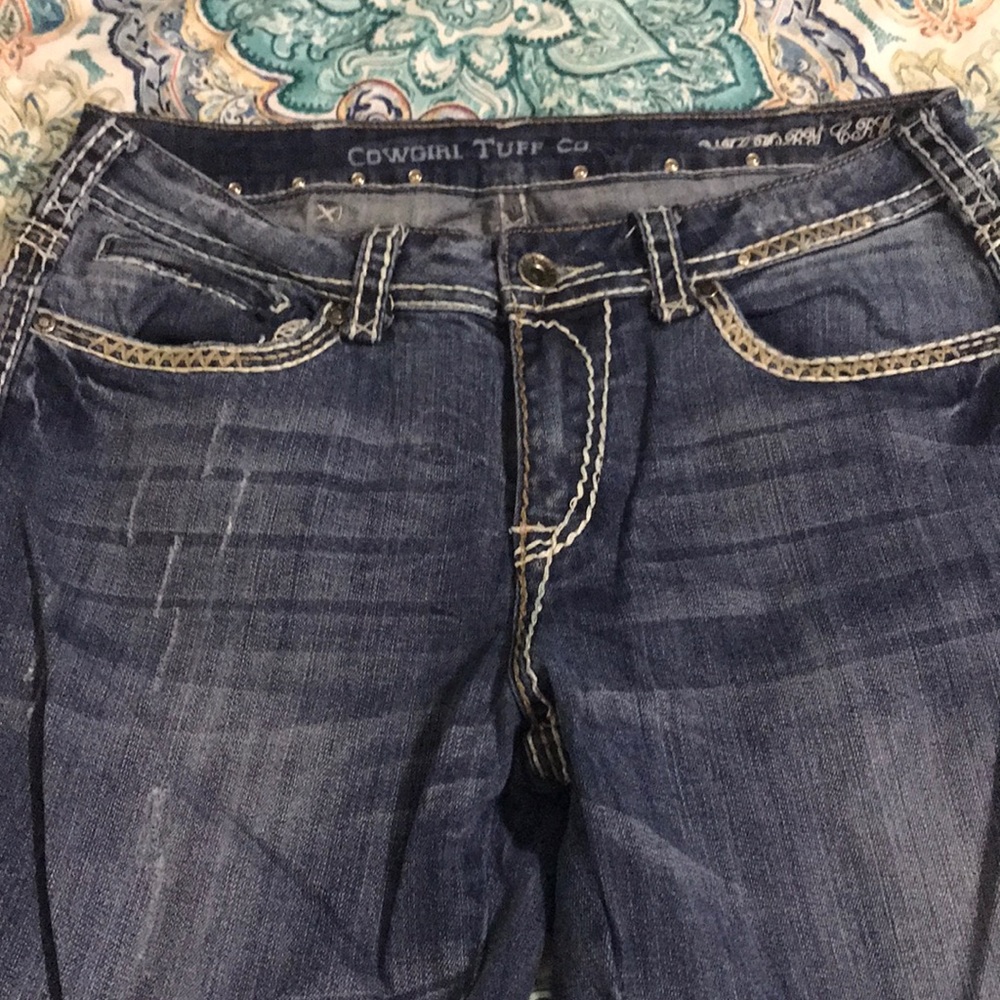 Cowgirl tuff flair leg jeans distressed jeans
